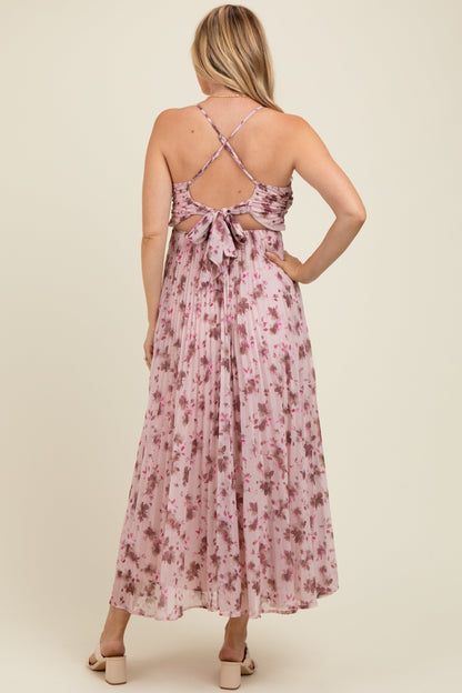Light Pink Floral Pleated Chiffon Cutout Tie Back Maternity Maxi Dress