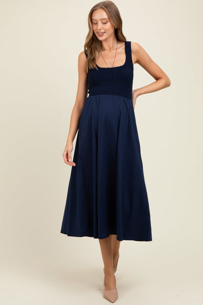Navy Contrast Knit Poplin Sleeveless Maternity Midi Dress
