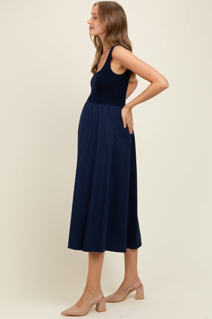 Navy Contrast Knit Poplin Sleeveless Maternity Midi Dress