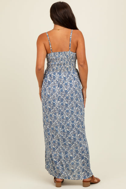 Blue Floral V-Neck Twist Front Keyhole Maternity Maxi Dress