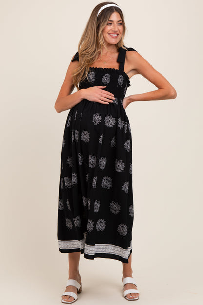 Black/Cream Vintage Floral Border Printed Smocked Top Sleeveless Maternity Maxi Dress