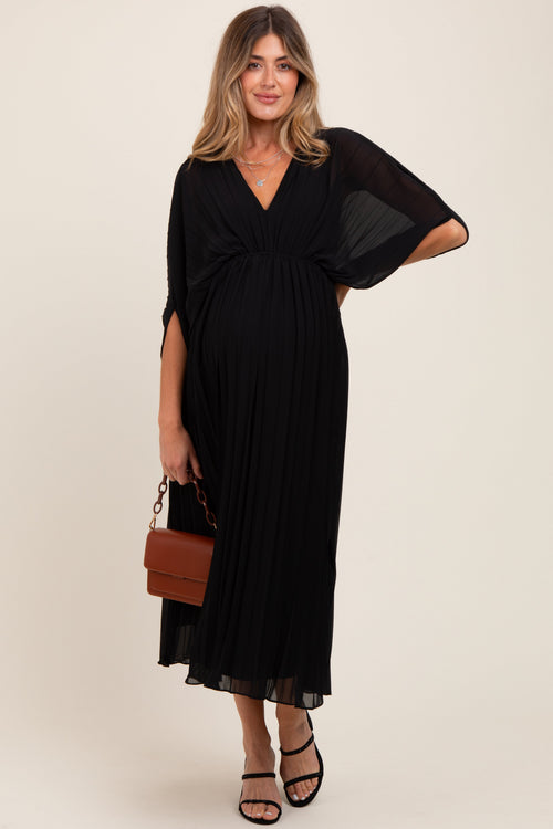 Black Pleated V Neck Maternity Maxi Dress