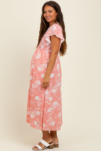 Peach Floral Crochet Trim Maternity Midi Dress