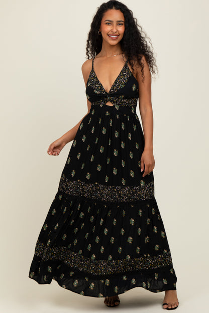 Black Printed Twist Front Cutout Maternity Maxi Dress
