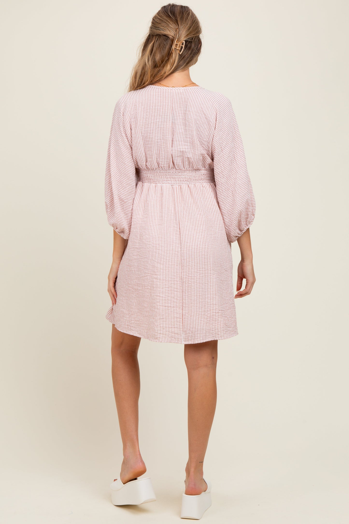 Mauve Striped Balloon Sleeve V-Neck Maternity Dress