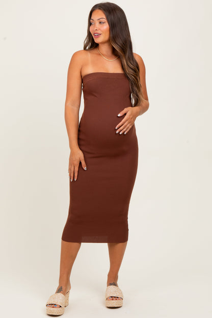 Brown Fitted Tube Knit Maternity Midi Dress