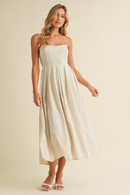 Beige Linen Ribbon Pattern Embroidered Maternity Midi Dress