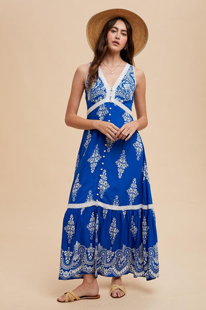 Royal Blue Border Print Resort Maternity Maxi Dress