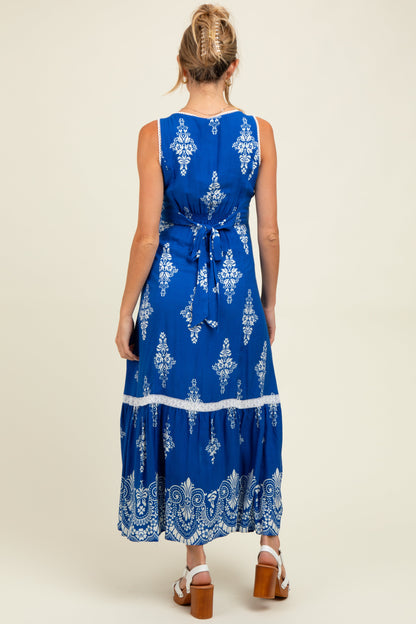 Royal Blue Border Print Resort Maternity Maxi Dress