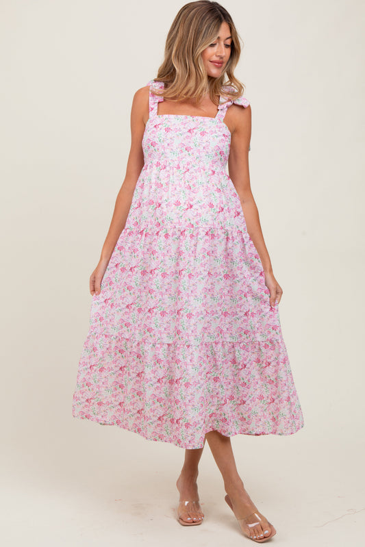 Light Pink Floral Shoulder Tie Maternity Midi Dress