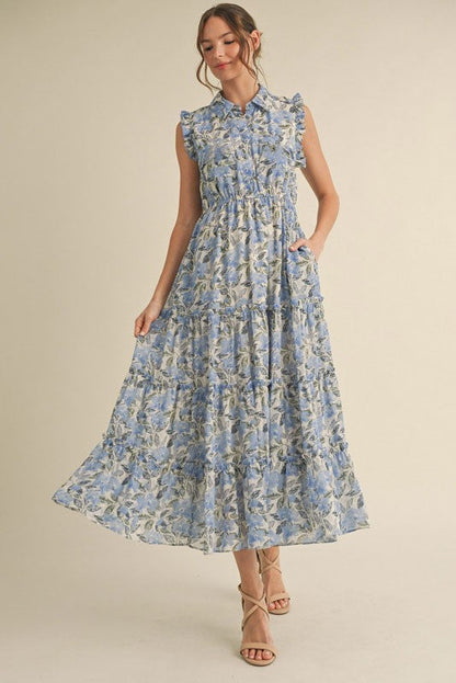 Blue Floral Print Frilled Pocketed Maternity Midi Dress