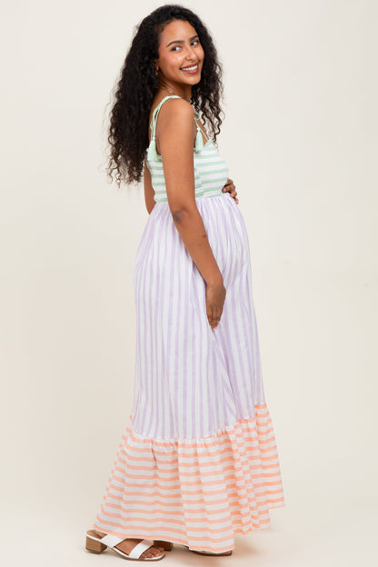 Lavender Multi-Color Striped Color Block Shoulder Tie Maternity Maxi Dress