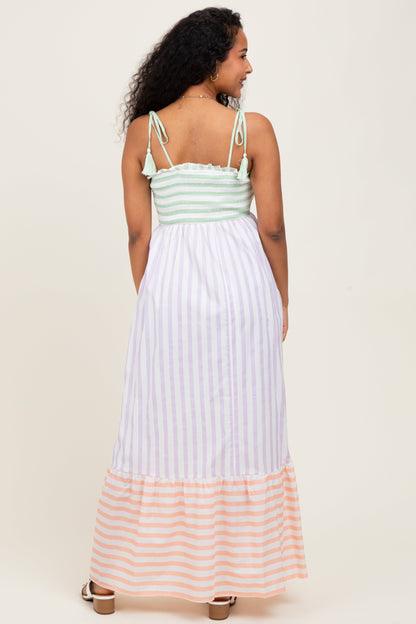 Lavender Multi-Color Striped Color Block Shoulder Tie Maternity Maxi Dress
