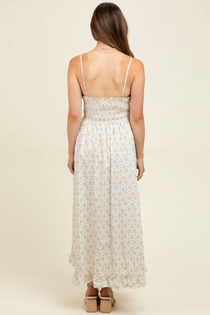 Mauve Floral Smocked Waist Ruffle Accent Maternity Midi Dress