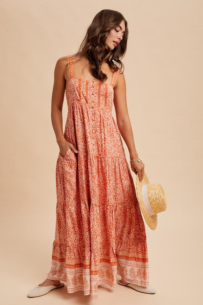 Orange Border Print Sleeveless Maternity Maxi Dress