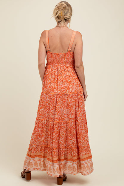 Orange Border Print Sleeveless Maternity Maxi Dress