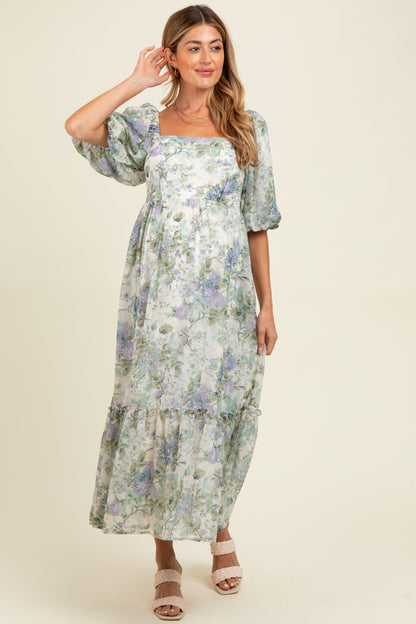 Lavender Floral Square Neck Puffed Sleeve Maternity Maxi Dress