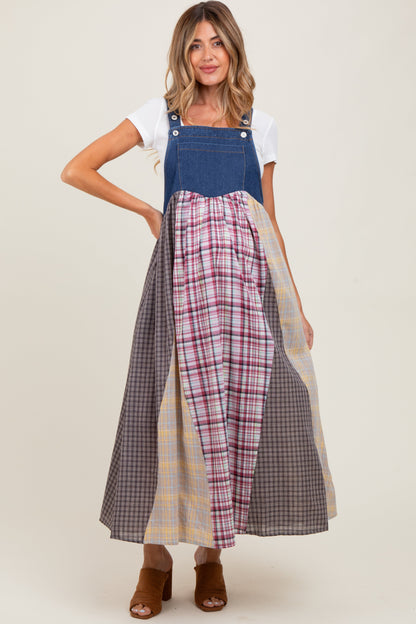 Multicolor Plaid Colorblock Denim Overall Maternity Dress