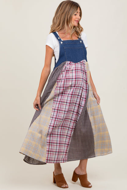 Multicolor Plaid Colorblock Denim Overall Maternity Dress