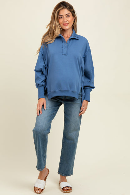 Blue Snap Button Pullover Henley Maternity Sweatshirt