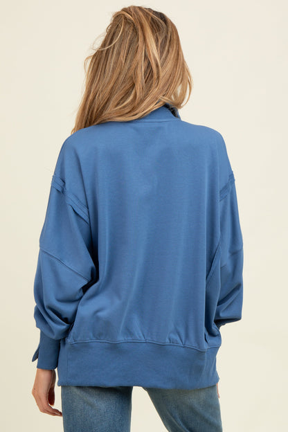 Blue Snap Button Pullover Henley Maternity Sweatshirt