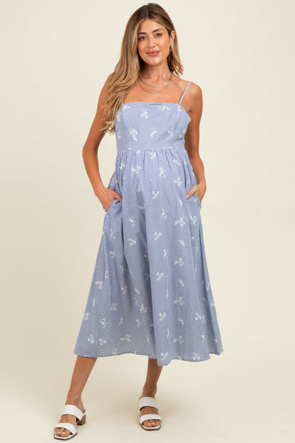 Blue Striped Embroidered Tie Back Cutout Maternity Midi Dress