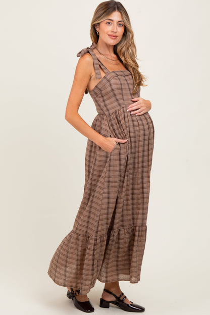 Mocha Plaid Sleeveless Cotton Maternity Maxi Dress