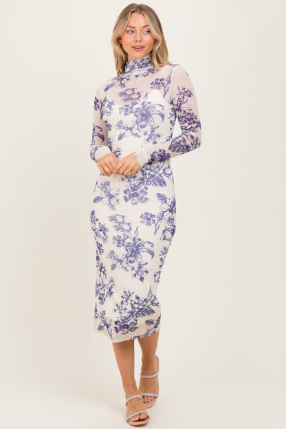 Ivory Floral Mesh Mock Neck Long Sleeve Maternity Midi Dress