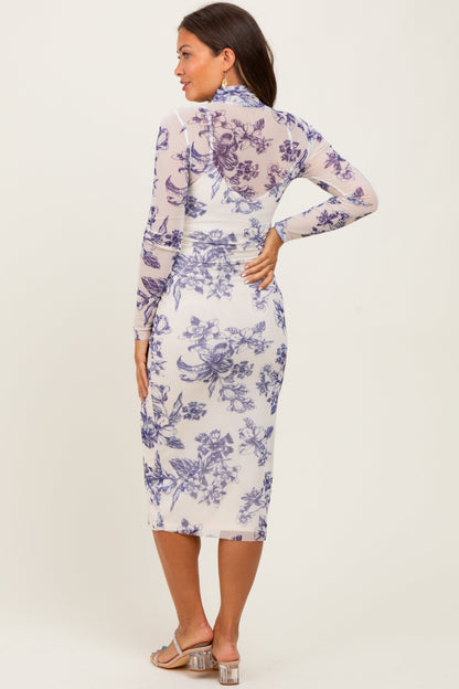 Ivory Floral Mesh Mock Neck Long Sleeve Maternity Midi Dress