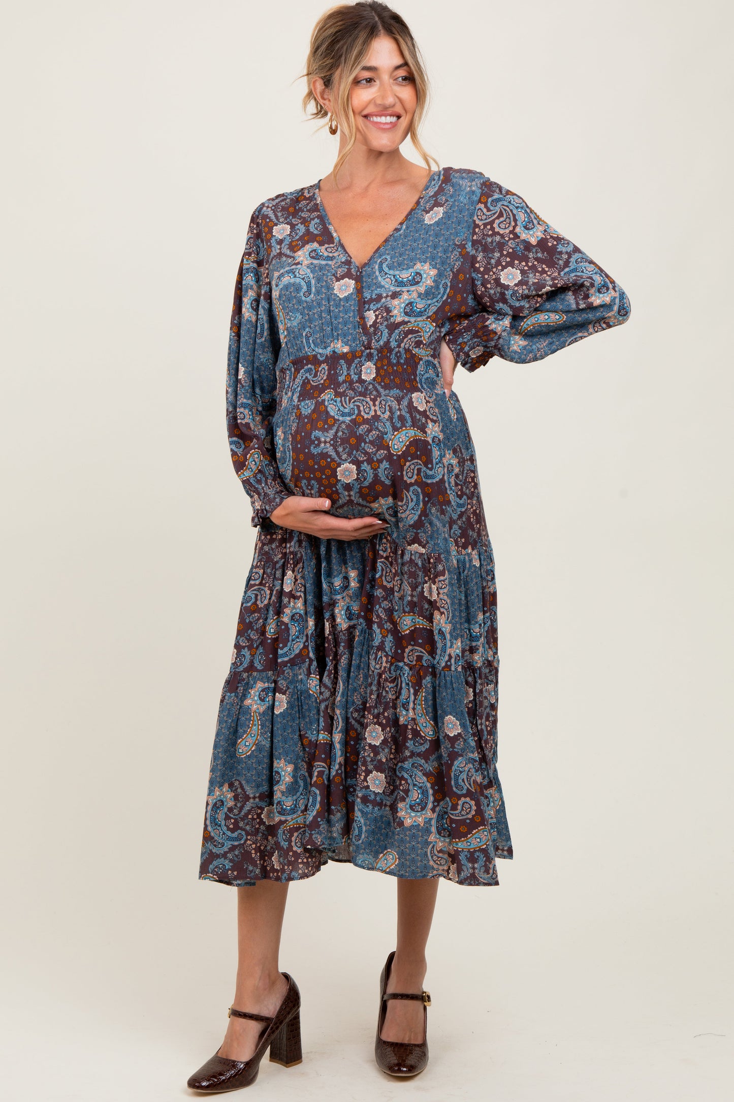 Teal Paisley Print Smocked Waist Tiered Maternity Midi Dress