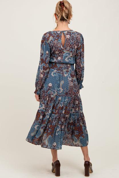 Teal Paisley Print Smocked Waist Tiered Maternity Midi Dress