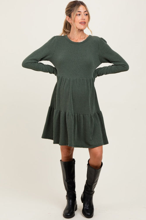 Olive Textured Rib Tiered Long Sleeve Maternity Dress