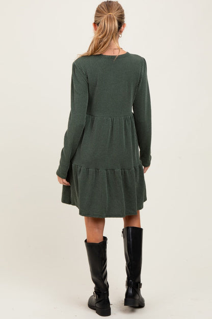 Olive Textured Rib Tiered Long Sleeve Maternity Dress