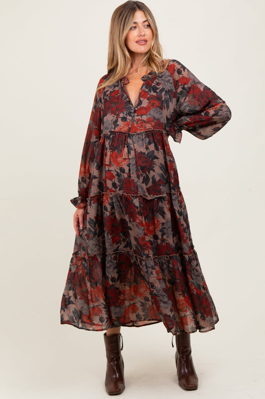 Beige Floral Chiffon Ruffle Tiered Maternity Midi Dress
