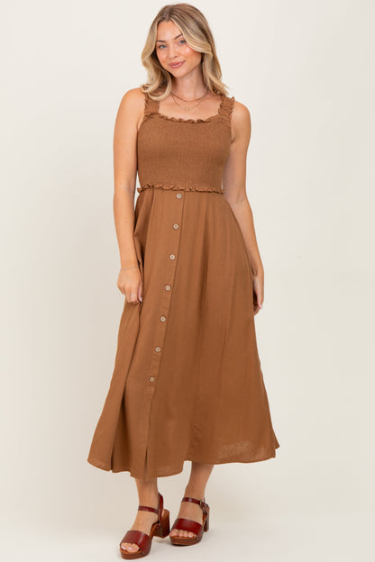 Camel Smocked Sleeveless Button Down Maternity Midi Dress
