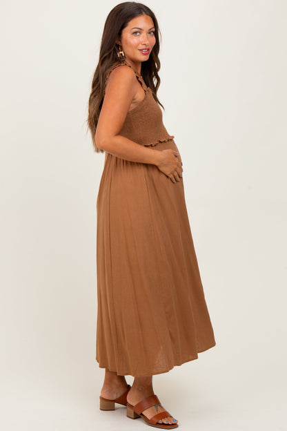 Camel Smocked Sleeveless Button Down Maternity Midi Dress