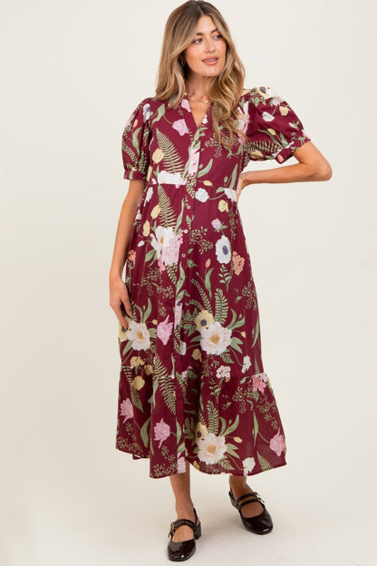 Burgundy Floral Puff Sleeve Button Down Maternity Midi Dress