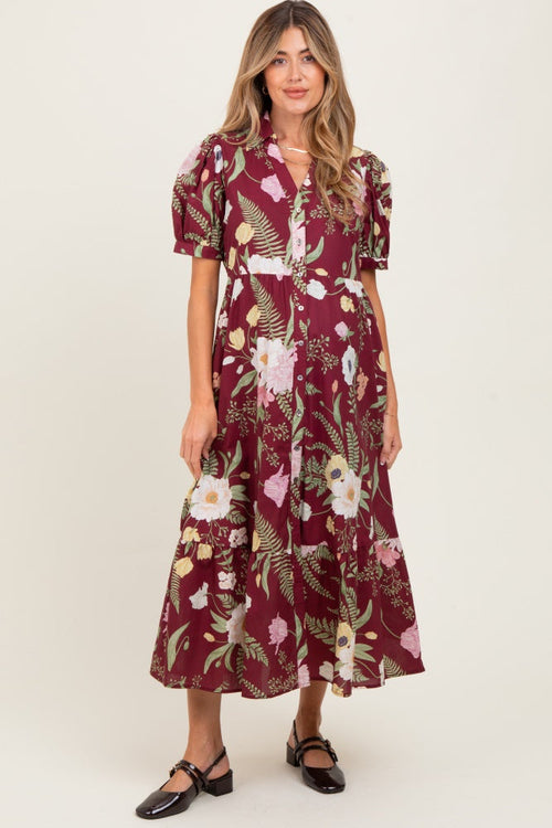 Burgundy Floral Puff Sleeve Button Down Maternity Midi Dress