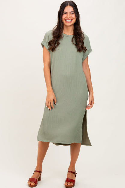 Olive Ribbed Short Sleeve Maternity Midi Dress