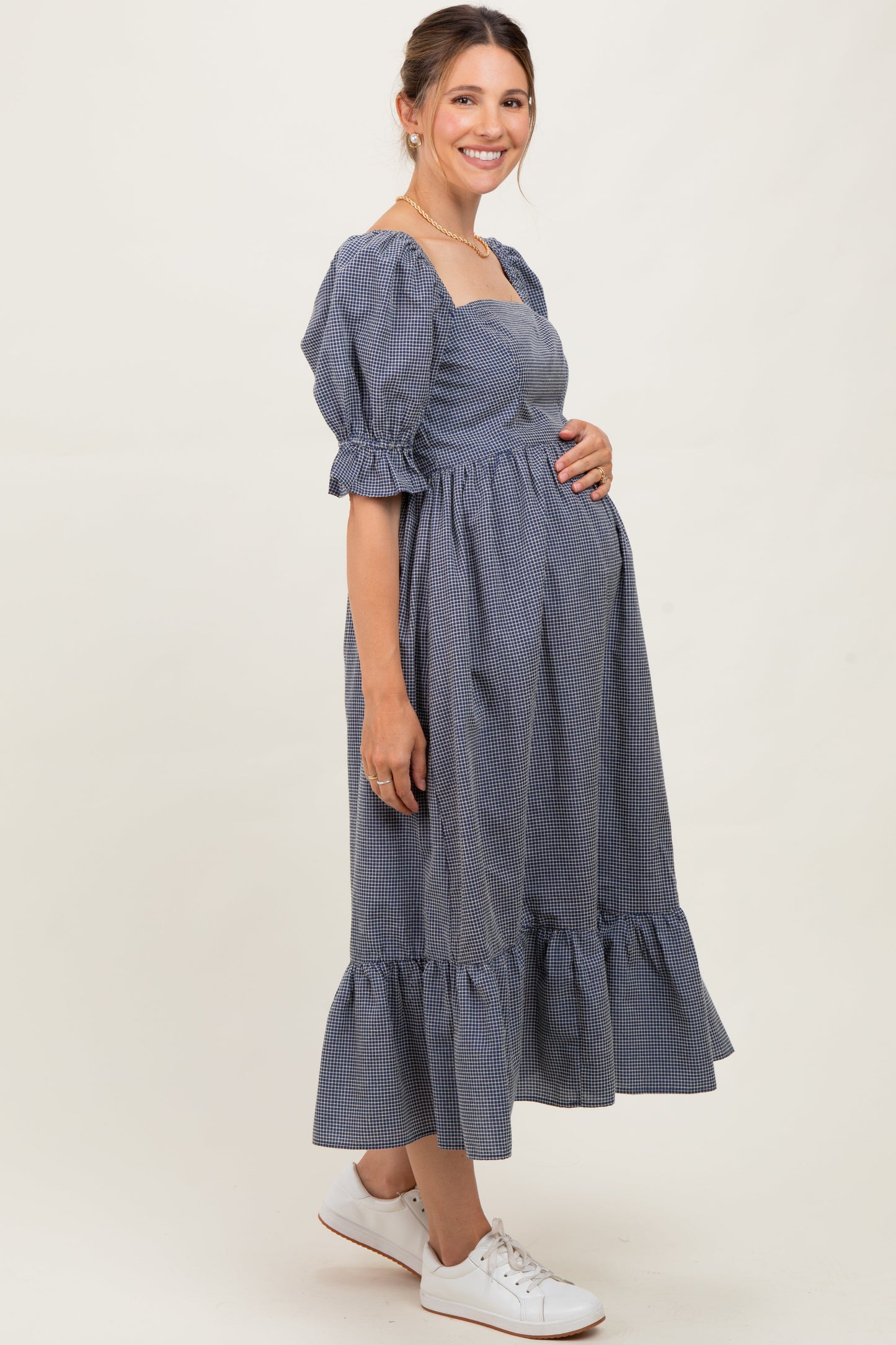 Navy Gingham Square Neck Maternity Midi Dress