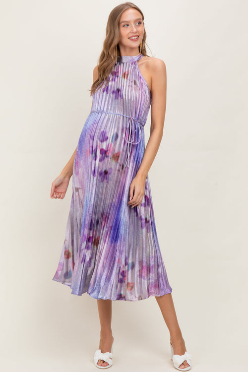 Lavender Floral Pleated Halter Maternity Midi Dress