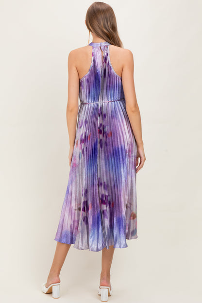 Lavender Floral Pleated Halter Maternity Midi Dress