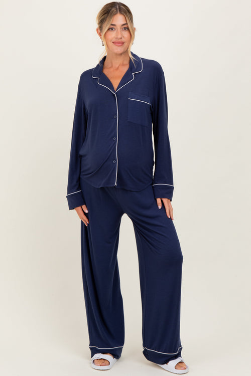 Dark Navy Button Down Top Wide Leg Pant Maternity Pajama Set