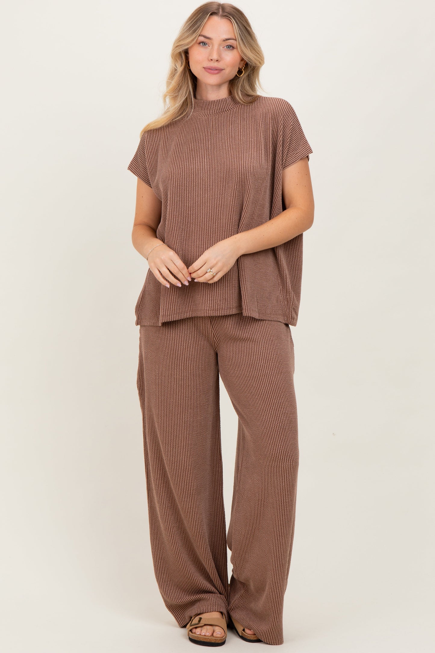 Brown Textured Rib Mock Neck Short Sleeve Pant Maternity Set