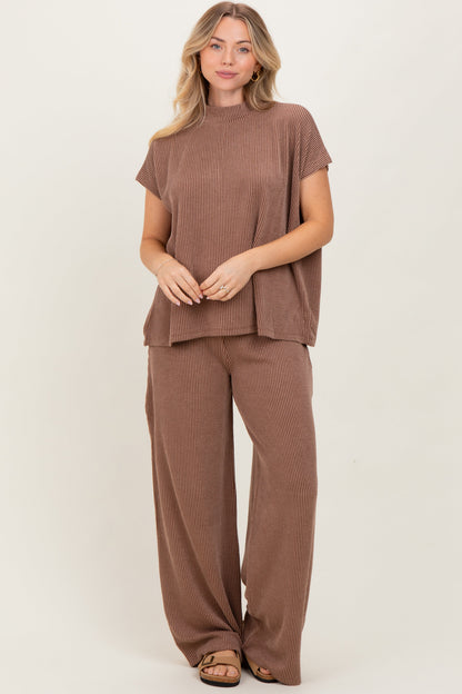 Brown Textured Rib Mock Neck Short Sleeve Pant Maternity Set