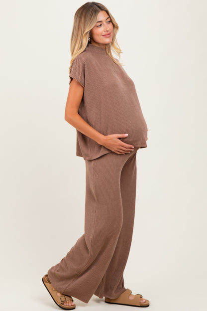 Brown Textured Rib Mock Neck Short Sleeve Pant Maternity Set
