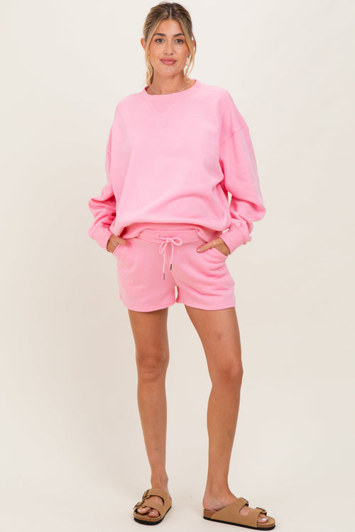 Pink Fleece Sweatshirt Shorts Maternity Set