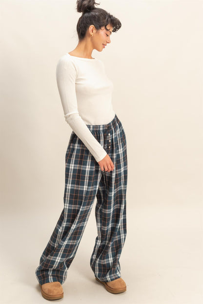 Navy Plaid Wide Leg Maternity Lounge Pants