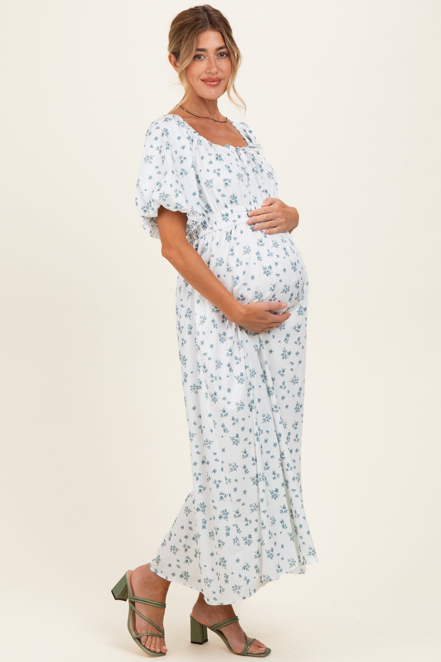 Ivory Floral Puff Sleeve Tie Front Maternity Midi Dress
