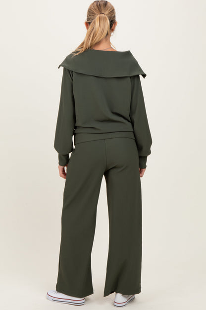 Olive Ribbed Half Zip Pullover Wide Leg Pant Maternity Set